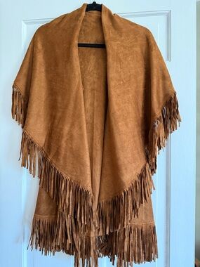 Fringed Tan Suede-Style Draped Cape
